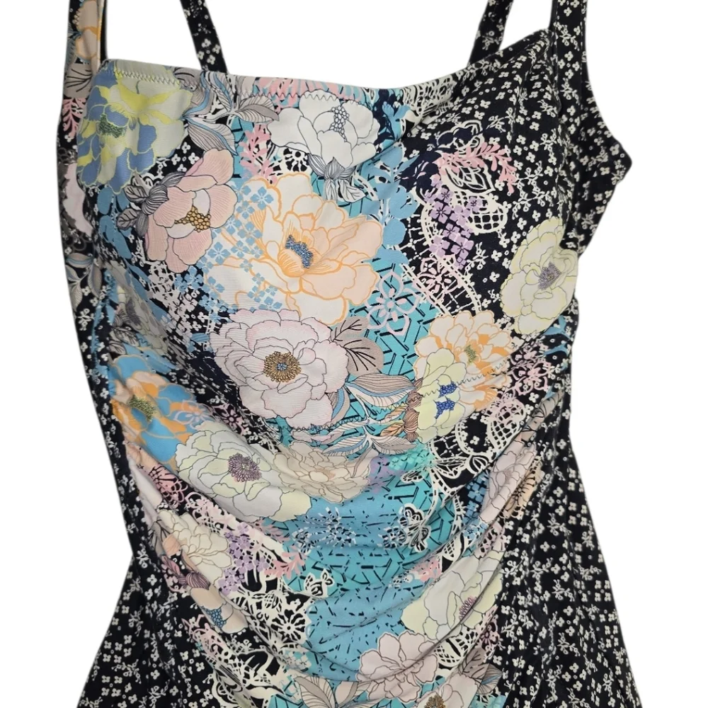 Johnny Was Mila Moody Floral Ruched One-Piece Swimsuit 1X Flattering Square Neck - Picture 6 of 10